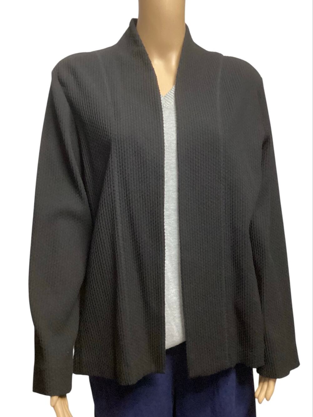 Eileen Fisher Black Waffle Knit Open Front Cardigan Jacket Shawl Collar size L